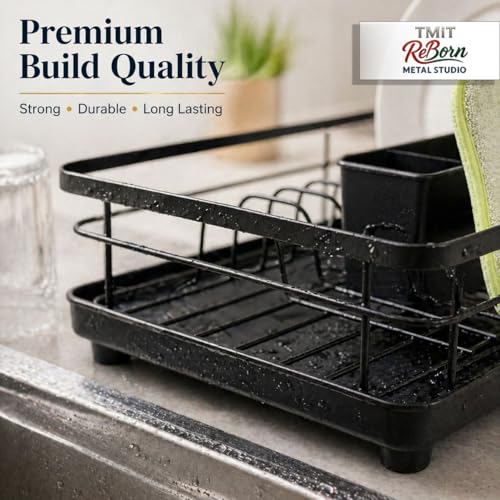 Metal Dish Drying Rack for Kitchen Counter, Black, Sink Organizer with Cutlery Holder, Kitchen Storage and Organization Essentials, for Small Kitchen,11.8 x 15.7 Inch