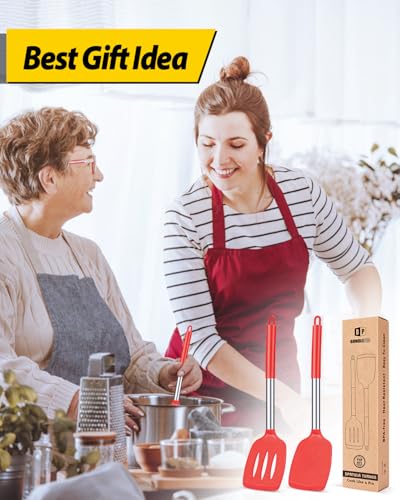 Pack of 2 Silicone Solid Turner, Non Stick Slotted Kitchen Spatulas, High Heat Resistant BPA Free Cooking Utensils, Ideal Cookware for Fish, Eggs, Pancakes(Red) - color: Red