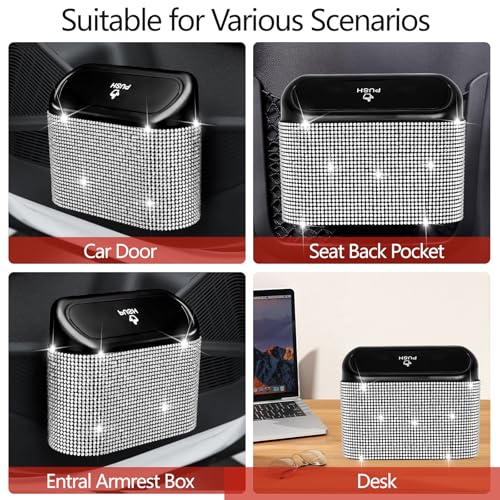 NBTEPEM Bling Car Trash Can with Lid - 2 Pack, Mini Auto Garbage Can with 60 Trash Bags, Automotive Garbage Container Bin, Bling Car Accessories Trash Can for Women (Silver Diamond) - color: Silver Diamond
