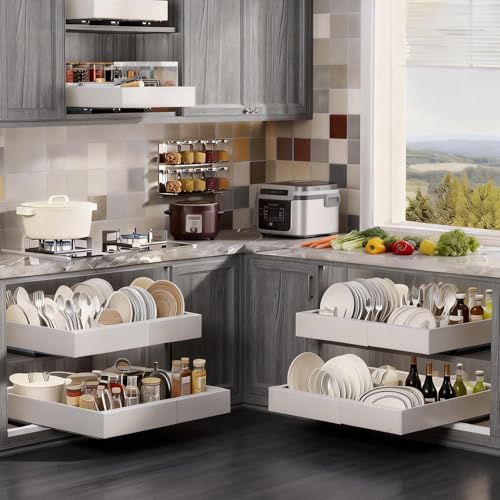 4-Pack Expandable Pull Out Cabinet Organizer 21" Deep with 3 Slide Rails, Adjustable Width (12"-22") Drawer Organizer for Kitchen Pantry Base Cabinets, Fixed with Roll Out Shelves Adhesive, White - size: 4 Pack
