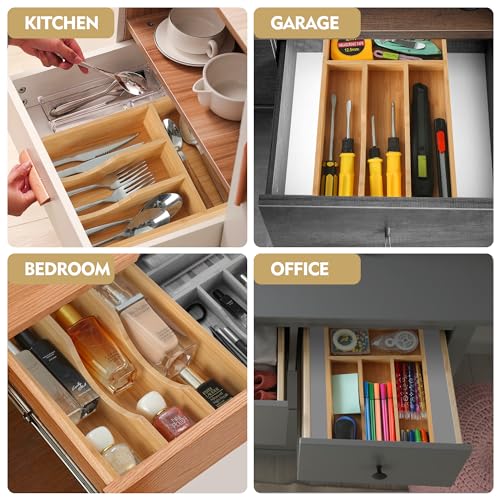 Upassion Bamboo Kitchen Drawer Organizer, 7 Inch Silverware Utensil Holder for Small Drawer, Wood Silverware Organizer for Cutlery - size: 7 x 13 inch (4 Slots)