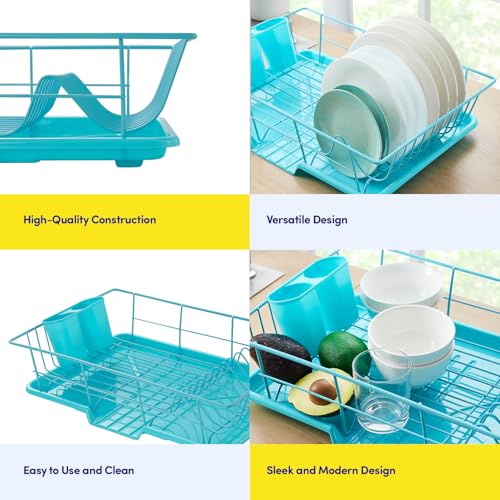 Space-Saving 3-Piece Dish Drainer Rack Set: Efficient Kitchen Organizer for Quick Drying and Storage - Includes Cutlery Holder and Drainboard - Maximize Countertop Space, Turquoise Blue - color: Turquoise Blue