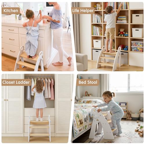 Wooden 3 Step Stool for Kids Bathroom Sink Foldable Anti-Slip, Child Stepping Stool for Kitchen Nursery Bedroom, Sturdy Non Slip Adult Stool for Closet - color: White Ele