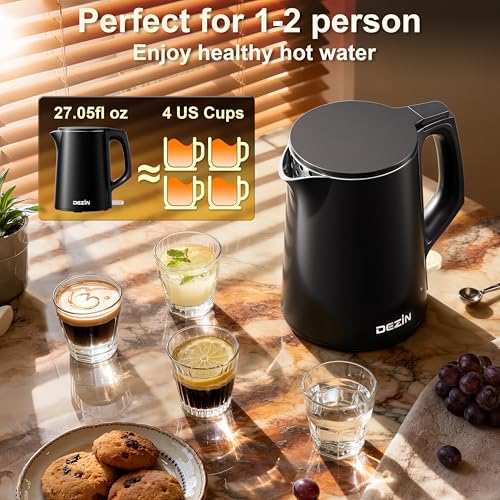 Dezin 0.8L Electric Kettle, Small Electric Kettle with Double Wall Construction, 304 Stainless Steel Electric Tea Kettle for Business Trip, Portable Travel Kettle with Auto Shut-Off