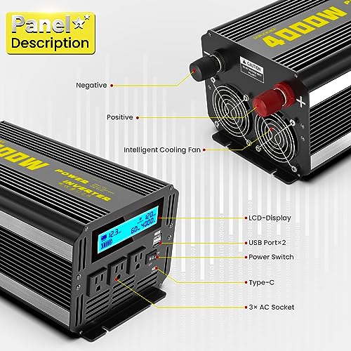 4000 Watt Modified Sine Wave Power Inverter, 12V DC to AC 110V/120V (Peak) 5000W Converter 3 Outlet Car Inverter with Remote Control and LED Display 3.4V USB Port - size: SY-12V-4000