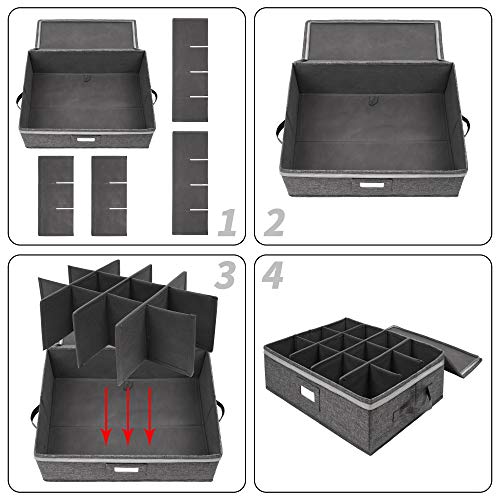 popoly Mug Storage Box with dividers, China Coffee Cup Storage Containers with Zipper Lid and Rivet Reinforced Handles, Holds 12 Coffee Mugs and Tea Cups, Structured Top and Stackable (Grey) - size: 1 Pack