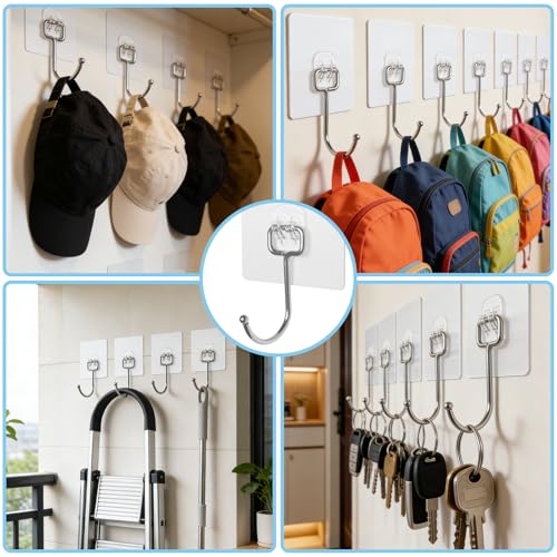 Adhesive Wall Hooks 10-Pack 60lb Heavy Duty - Waterproof Rustproof Sticky Hooks, No Damage Wall Hooks for Kitchen Bathroom Rental Home