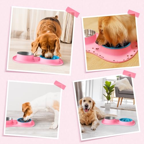 MateeyLife Dog Food and Water Bowl Set 3 in 1, Slow Feeder Dog Bowls & Stainless Steel Water Bowl with Non-Spill Silicone Mat, Cat and Puppy Bowls Pet Dishes for Small Medium Large Breed Anti-Choking - color: Pink, size: Medium