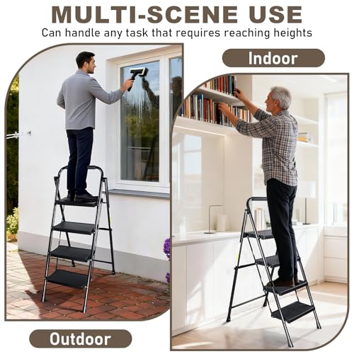 Valeo 4 Step Ladder, 4 Step Ladder for Adults with with Safe-Lock Design, Wide Anti-Slip Pedal, 500lbs Sturdy Steel Ladder, Step Stool Foldable with Cushioned Handle,Black - style: 4 Step Ladder