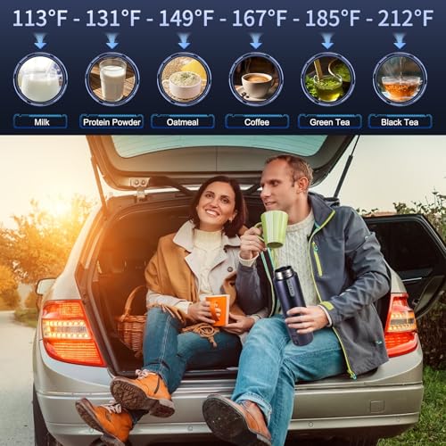 Vacuum Insulated Car Electric Kettle,Miicasa Stainless Steel Tumbler Car Water Heater,12V/24V Water Boiler with 6 Temperature and Auto Shut-Off Boil Dry,16oz
