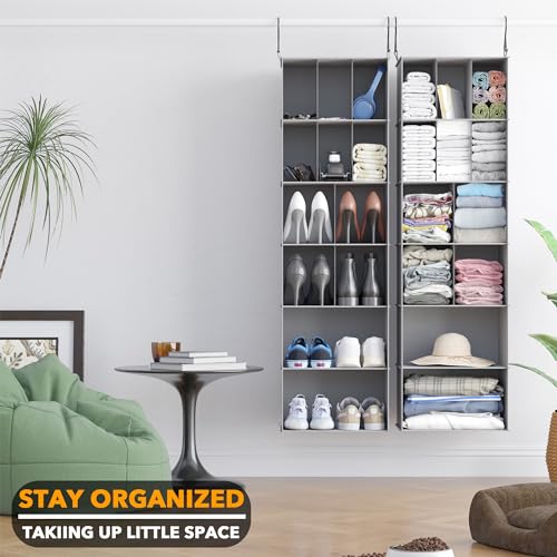 SpaceAid 2 Pack Hanging Closet Organizer and Storage with Dividers, 24 Compartments Hanging Shoe Shelves for Closet, Wardrobe, RV, Garment Rack - Grey - color: Grey