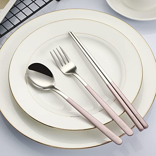 DEVICO Portable Travel Utensils with Case, Reusable Camping Silverware for Lunch, 18/8 Stainless Steel Cutlery Set (Pink) - color: Pink
