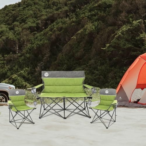 Northroad Outdoor Camping Chair Set of 3,Folding Padded Camp Chair,Collapsible Conversation Set w/1 Sofa,2 Single Chairs for Family Patio,Beach (Green) - color: Green, style: no table