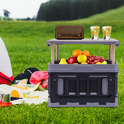 PP Folding Storage Boxes, Outdoor Portable Camping Storage Box Folding Box Table Equipment, Camping Organizer for Trunks, Study Rooms (Black&Grey)