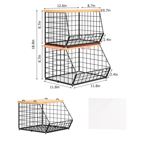 2 Set Stackable Wire Basket with Wooden Tops & Pad for kitchen organizers and storage, XXL Kitchen Counter Organizer for Fruit, Vegetable, Bread, Potato and Onion Storage Bin - size: 2pcs*11.8"*11.8"*18.9"