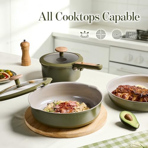 CAROTE 18 Pcs Ceramic Cookware Set Detachable Handle, Non Toxic Pots and Pans Set Non Stick, Induction Kitchen Cookware Removable Handles, Oven Safe, Stackable RV/Camping Cooking Set, Green - color: Green