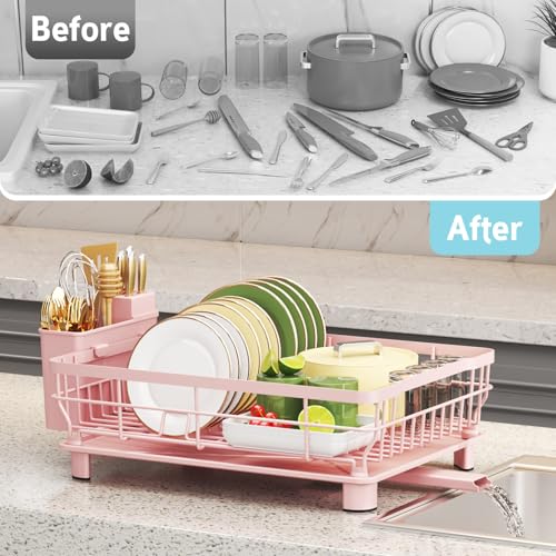 Dish Drying Rack - Space Saving Dish Rack - Dish Racks for Kitchen Counter with Drainboard,Rustproof Dish Drainer with Removable Utensil Holder,Pink - color: 1 Tier-pink