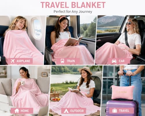 K.Garden Travel Throw Blanket Pillow, Pink | 2 in 1, Soft, Compact, Luggage Backpack Strap, Airplane Flight Essentials