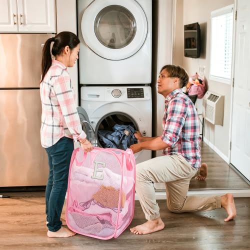 Collapsible Pop Up Laundry Hamper, Extra Large with Removable Initial Letter E, Mesh Foldable Laundry Basket, 28" x 16" x 16" (Pink) - color: 1P PinkE