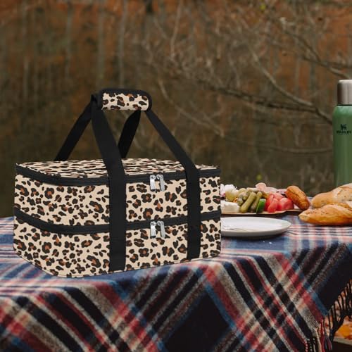 esouler Double Insulated Casserole Carrier Bag Hot & Cold Food Carrier Bag Lasagna Holder Lunch Bag for Picnics, Parties, Travel, Fits 9 x 13 Inches Casserole Dish-Leopard - color: Leopard, size: 16x10x7.2 in