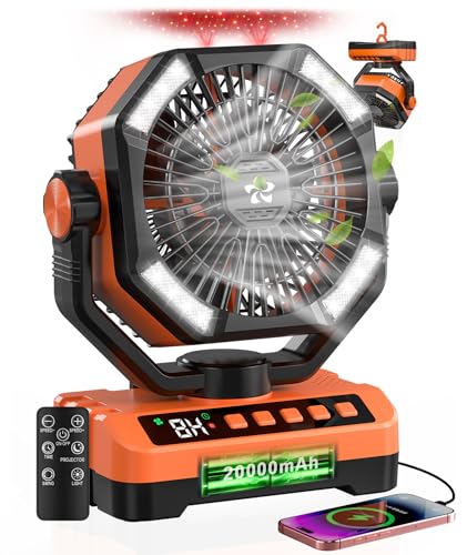 Camping Fan Battery Powered Fan - Rechargeable with Starlight, 20000mAh Battery Operated Outdoor 5 Speed Desk Fans with LED,Hook,Remote Control, Timer,Personal Fans for Tent, Power Outage, Fishing