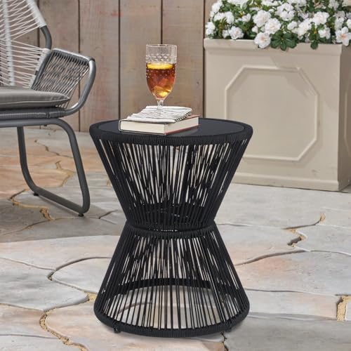 SUNNYPARK Outdoor Side Table 20'' H Small End Tables Woven Rope Weather Resistant with Glass Top Round Coffee Table for Indoor Balcony Patio Poolside (Black) - color: Black
