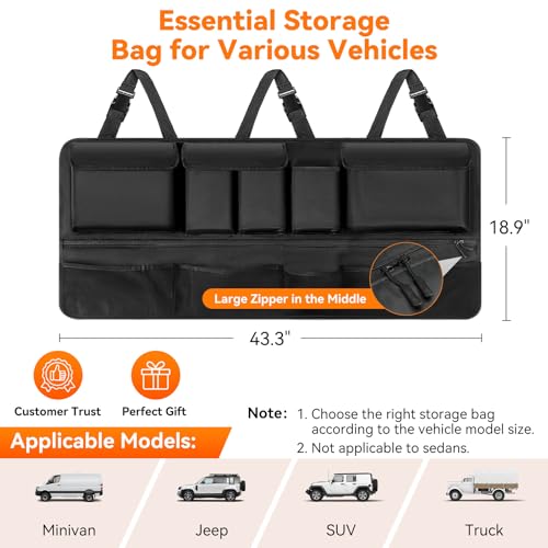 Trunk Organizer for SUV, 43" x 19" Large Capacity Car Organizers and Storage, Backseat Hanging Storage Bag with 10 Pockets, Adjustable & Waterproof Car Interior Accessories for SUV Truck MPV