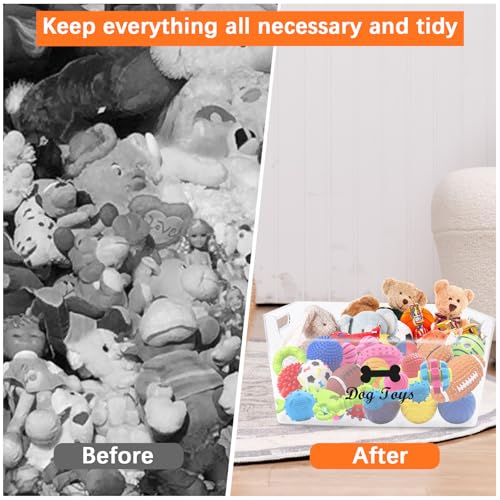 Morezi Dog Toy bin Basket Storage in Plastic Front Shallow Designed Dog Toy Organizer Great for Collecting pet chew Toys leashes Clothing in Living Room Area playroom Closet Shelf Gift Basket