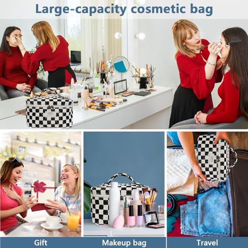 Gosect Large Makeup Bag, Cute Cosmetic Bag for Women Girls, Floral Coquette Aesthetic Toiletry Bag, Travel Make Up Organizer Bag (Black Checkered) - color: 079Black Checkered