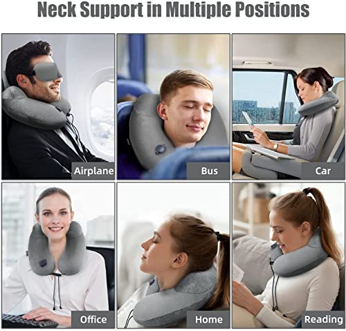 Inflatable Travel Neck Pillow for Airplanes, Super Soft Velvet Neck Support, Adjustable Firmness, Blow Up Plane Pillow for Long Flights, Road Trips, Travel Essentials with Eye Mask, Earplug - color: Premium Grey