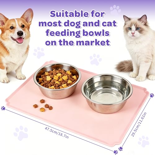 Pet Feeding Mat 12"x19" Silicone Dog Feeding Mat Pet Place Mat Waterproof Silicone Contain Spills Protects Floors Placemats for Cats and Dogs - color: Pink
