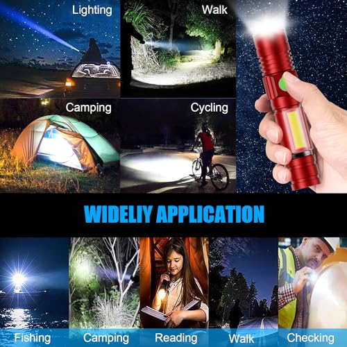 Hoxida Flashlight USB Rechargeable, Magnetic LED Flashlight, Super Bright LED Tactical Flashlight with Cob Sidelight, Waterproof, Zoomable Best Small LED Flashlight for Camping, Emergency -Red - color: Red