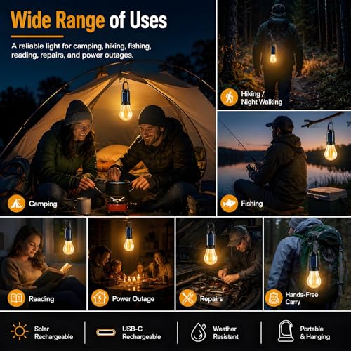 4 Pack Led Camping Lantern Solar Rechargeable,Outdoor Tent Lights for Camping Essentials, Hanging Light Bulbs with Clip Hook Camping Flashlight