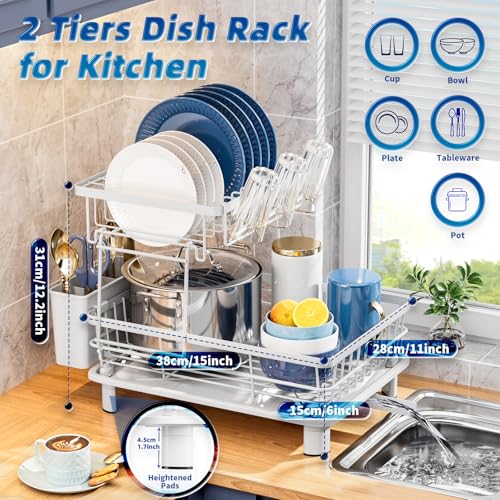 GAOKASE Dish Drying Rack, Stainless Steel-Dish Rack, Dish Racks for Kitchen Counter, Kitchen Dish Drainers with Removable Utensil Holder,New Drain Outlet,Plate Rack and Drainboard (White 3) - color: White 3
