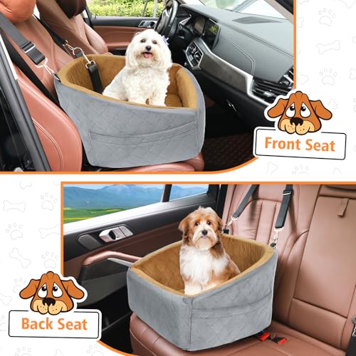 NEEZUKAR Dog Car Seat for Small Medium Dogs,Detachable Washable Dog Booster Seat Under 30lbs, Pet Car Seat Travel Bed with Storage Pockets and Dog Safety Belt(Grey/Brown) - color: Grey/brown