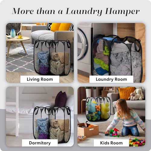 Double Laundry Hamper, Pop Up Mesh 2 Section - Handy Laundry Collapsible Divided Hamper, Large 44 Gallon Foldable Basket with Reinforced Handles for College Dorm, Travel, Home, Black - color: Black