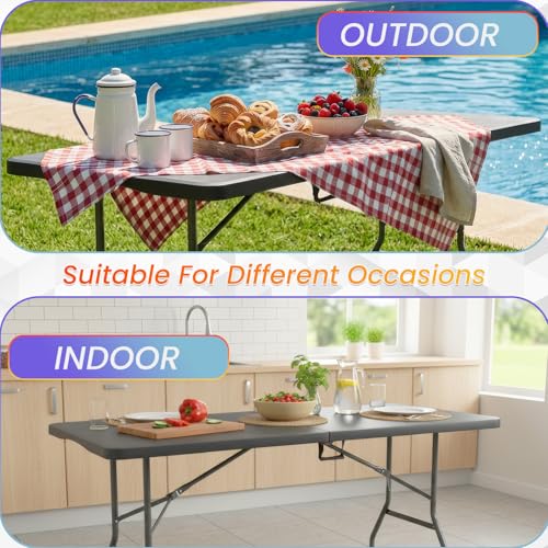 FDW 6FT Folding Table, Portable Fold-in-Half Plastic Picnic Party Table with Carrying Handle (Black, 6FT) - color: Black, size: 6 FT 70"x29"