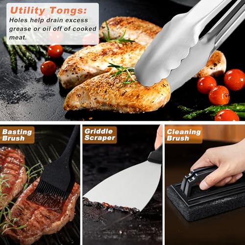 N NOBLE FAMILY 27 PCS Griddle Accessories Kit, Flat Top Grill Accessories Set for Camping, Professional Griddle Spatula Set with Melting Dome, Burger Press for Outdoor BBQ Teppanyaki - style: Black Griddle Accessories