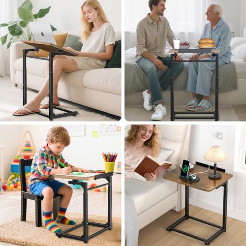 Tv Tray Table, 8-Level Adjustable Height Couch Side Table,90° Tilt Angle Adjustments C-Shaped End Table, with Phone & Tablet Slot Sofa Computer Desk for Couch, Sofa, Bed, Chair, Living Room (Brown) - color: Brown, size: 1 pcs