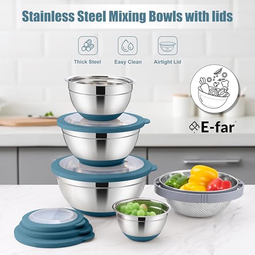 E-far Mixing Bowls with Lids Set, 15PCS Stainless Steel Mixing Nesting Bowls with Colander and 3 Metal Graters for Kitchen, Non-Slip Bottom & Airtight Transparent Lid, 4.6, 3, 1.5, 1, 0.7QT, Blue - color: Blue