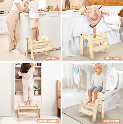 Wooden Toddler Step Stool, Foldable 2-Step Stool for Kids Bathroom Sink, Toilet Potty Training with Handles, Anti-Slip for Kitchen, Nursery, Bedroom(16.9 Wide)