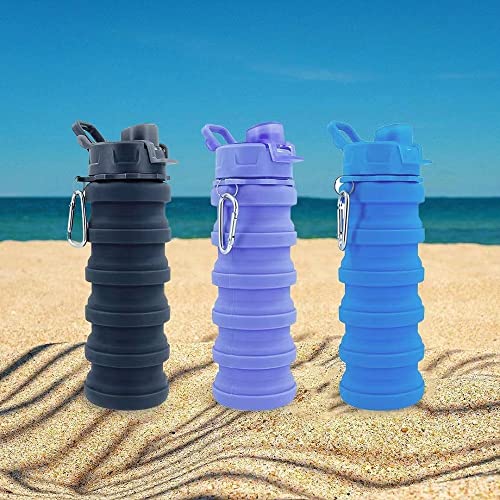 Collapsible Water Bottles 3 Pack Silicone Water Bottle with Carabiner BPA Free Expandable Water Bottle 500ml Portable Sport Water Bottle for Travel Camping. (Black+Purple+Blue) - color: Black+Purple+Blue