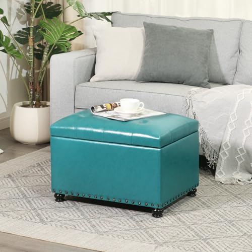 Joveco Leather Storage Ottoman, 24" Rectangle Tufted Upholstered Bench, Foot Rest Stool with Wood Legs, Footstool for Living Room, Bedroom - color: Teal Faux Leather
