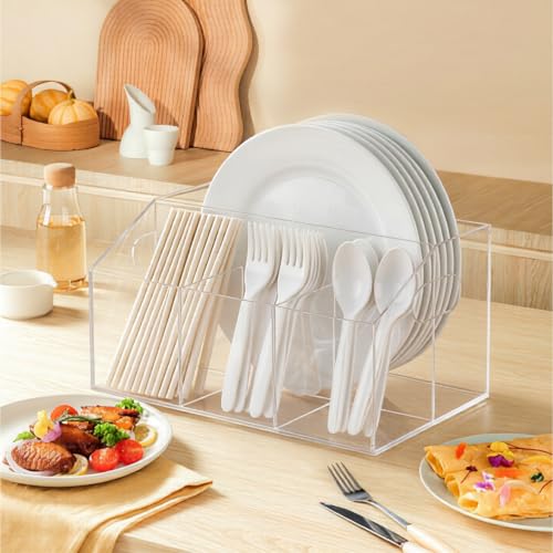 Acrylic Paper Plate Organizer and Dispenser – Plate and Utensil Caddy for Plates, Cups, Napkins and Cutlery, Ideal for Kitchen, Parties, Picnics, Weddings, and Outdoor Events - size: Standard(9 x 6 Inch)