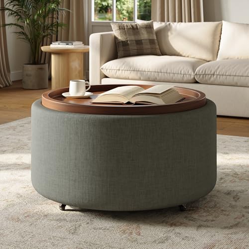 30'' Round Storage Ottoman Coffee Table with Walnut Tray, Round Ottoman with Storage, Modern Upholstered Coffee Table with with 4 Casters for Living Room, Linen Fabric, Dark Grey - color: Dark Grey