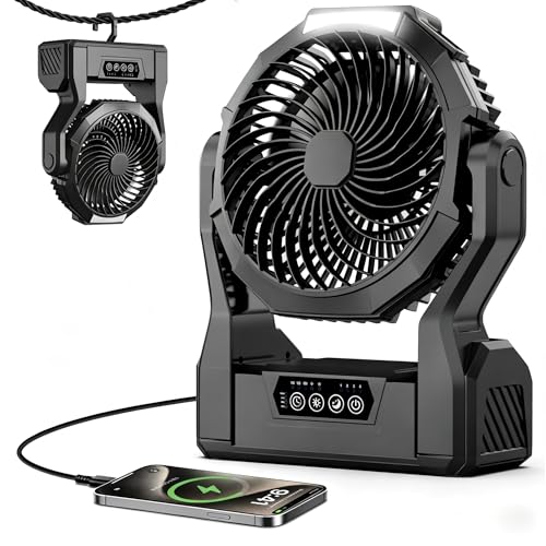 XZK Camping Fan, Rechargeable Battery Powered Tent Fan with 50H Runtime, LED Light, 4-Speed Quiet Portable Fan for Outdoor, Travel, Fishing, Jobsite, Emergency, Gift for Men-20000mAh(Black)