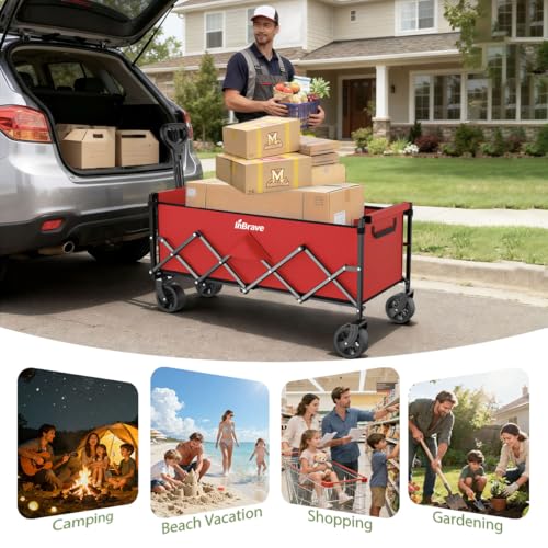 Extra Long Collapsible Wagon Cart, 480LBS Heavy Duty Utility Wagons with All-Terrain Wheels, Foldable Grocery Carts for Gardening, Shopping, Beach, Camping, Cherry Red - color: Cherry Red