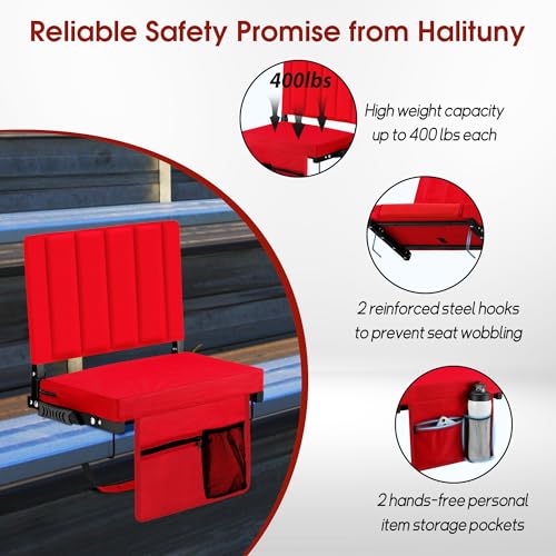 Stadium Seat for Bleachers with Back Support, Portable Bleacher Seat with Wide Comfy Padded Cushion, Metal Hook, Folding Stadium Chair with Shoulder Strap, Carry Handle, Cup Holder, Red - color: Red