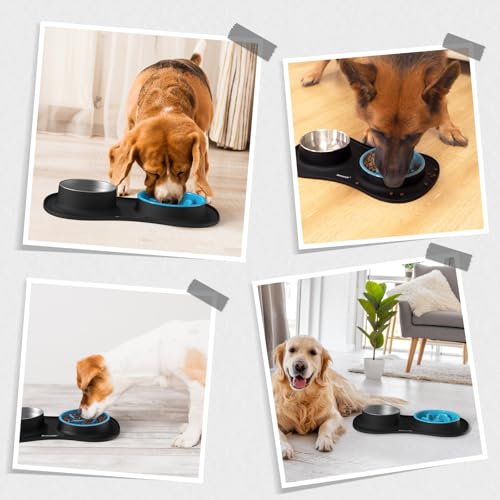 MateeyLife Dog Food and Water Bowl Set 3 in 1, Slow Feeder Dog Bowls & Stainless Steel Water Bowl with Non-Spill Silicone Mat, Cat and Puppy Bowls Pet Dishes for Small Medium Large Breed Anti-Choking - color: Black, size: Small