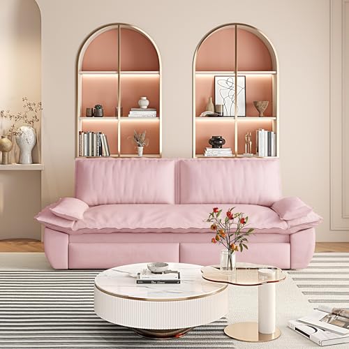 KEIKI 73.2" Queen Size Convertible Sofa Bed, 3-in-1 Pull Out Sleeper Couch with Pillow Armrests, Comfy Velvet Loveseat Sofa, Modern Living Room Furniture for Daily Relaxing Movie Nights Guests - color: Pink, size: 73.2 Inch Queen